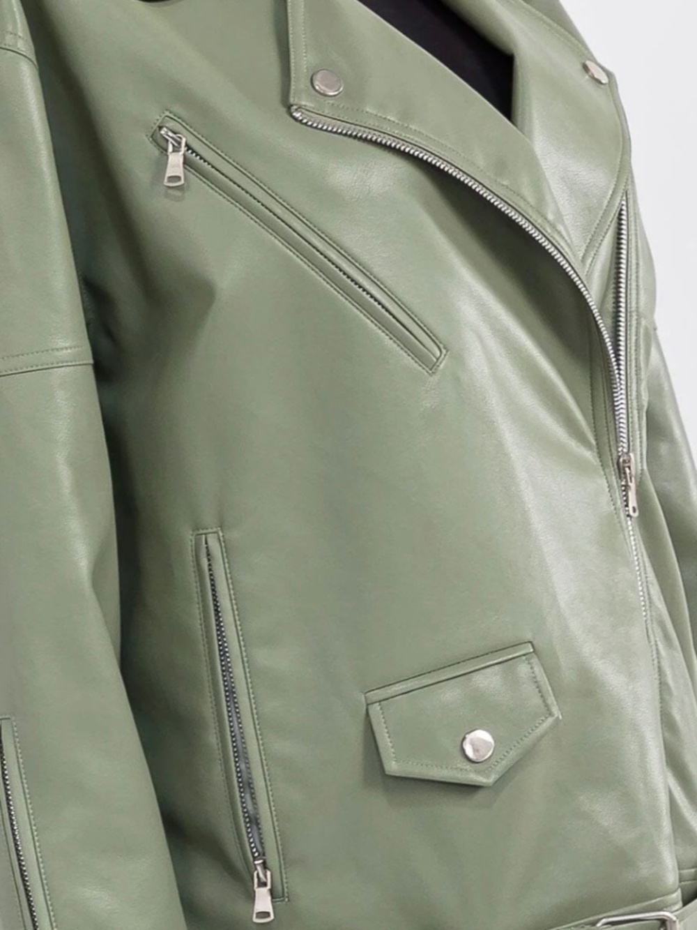 OLIVE GREEN ZIP UP FAUX LEATHER JACKET SIZE S/M - NWOT - Picture 3 of 16